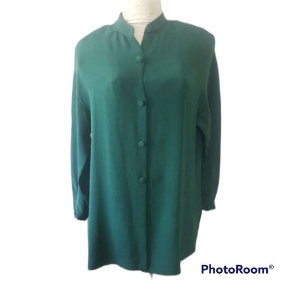 Neiman Marcus Vintage 90s Emerald Green Button Down Blouse Size 8